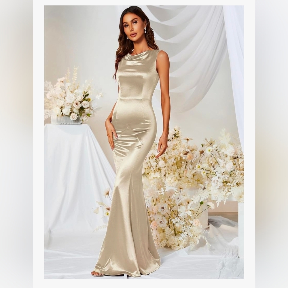Sleek Champagne Satin Maxi Dress